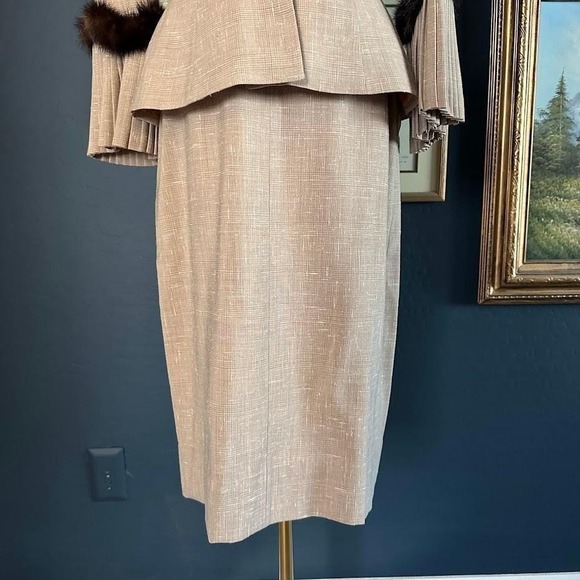 Vintage 50s/60s Lilli Ann Skirt Suit | Mink Fur Trim Pleated Sleeves Taupe Wool - Picture 2 of 16